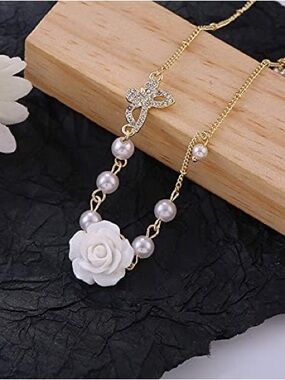 NEW Nordstrom Gold-Tone Pearl Necklace with White Rose Pendant
